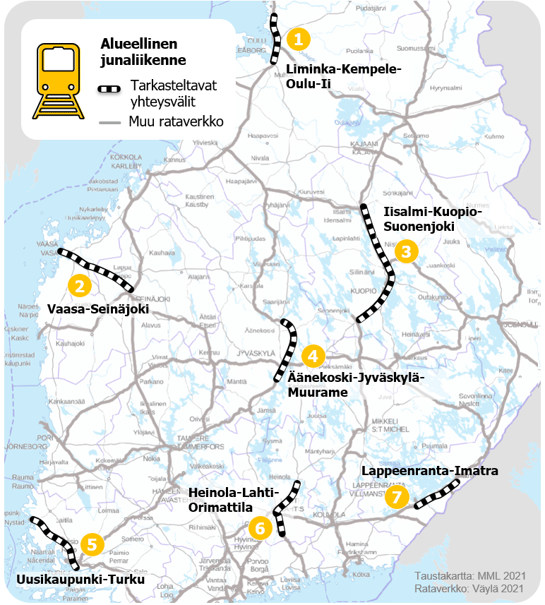 Alueellisen junaliikenneselvityksen kohteet kartalla.